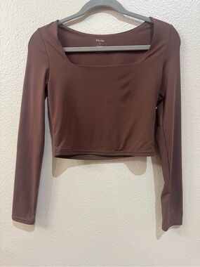 Flevita Brown Square Neck Long Sleeve Crop Top - Size S
